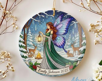 Adorno navideño personalizado de cuento de hadas, recuerdo con nombre familiar, alas de hada navideñas, adorno infantil, decoración navideña mágica