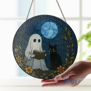 Ghost And Cat Stained Glass Suncatcher, Faux Stained Glass Halloween Window Hanging, Cozy Autumn Decor For Book Lovers, Spooky Gift Idea