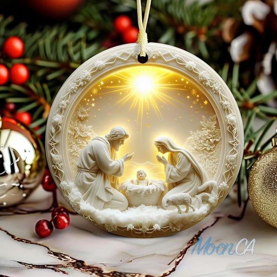 Nativity Ornament 3D Effect Ceramic Ornament, Nativity Christmas Ornament, Holy Family Manger Jesus Ornament, Christian Family Gift Luke 2