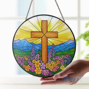 Stained Glass Cross Wildflower Suncatcher, Christian Glass Window Decor, Religious Cross Ornament, Easter Suncatcher Decor, Christmas Gifts