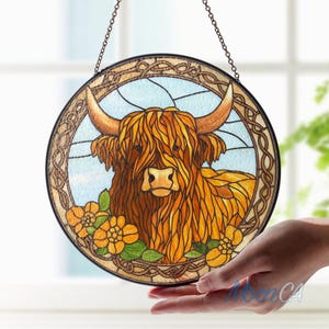 Highland Cow Stained Glass Suncatcher, Rustic Farmhouse Window Hanging, Floral Longhorn Cow Art Panel, Western Country Gift, Farmer Gifts