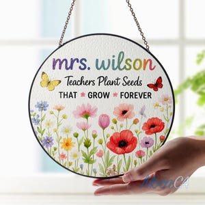 Personalized Teacher Stained Glass Suncatcher, 2025 Back To School Gift For Teacher From Student, Custom Floral Classroom Sign Window Décor