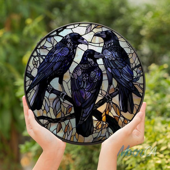Three Crows on Branch Stained Glass Window Hanging, Raven Lover