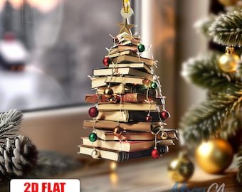 Flat 2D Bookstack Christmas Ornament, Tree Ornament Gift for Her Librarian, Book Lover Ornament, Book Christmas Ornament, Bookish Ornament