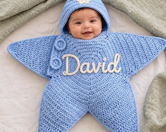 Personalized Crochet Starfish Baby Bodysuit, Custom Name Baby Outfit, Handmade Star Baby Romper, Baby Shower Gift, Newborn Photo Prop
