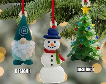 Gnome Sea Glass Ornament, Snowman Sea Glass Ornament, Christmas Tree Sea Glass Ornament, Coastal Holiday Decor Beach Tree Decorations