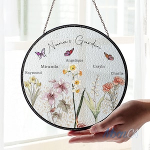 Aangepaste oma&#39;s tuin geboortemaand bloemen glas-in-lood Suncatcher, Mom&#39;s Garden Suncatcher raam hangend decor, Moederdagcadeau