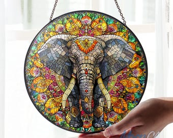 Art Nouveau Elephant With Headdress: Stained Glass Style Window