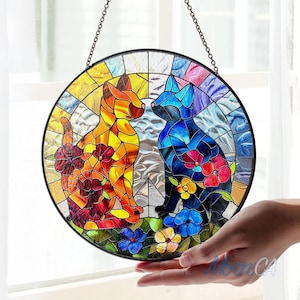 Cat Stained Glass Suncatcher, Indoor Home Decor, Wildflowers Window Hanging, Gifts For Women, Gift For Cat Lover, Cat Mom Gift, Cat Ornament