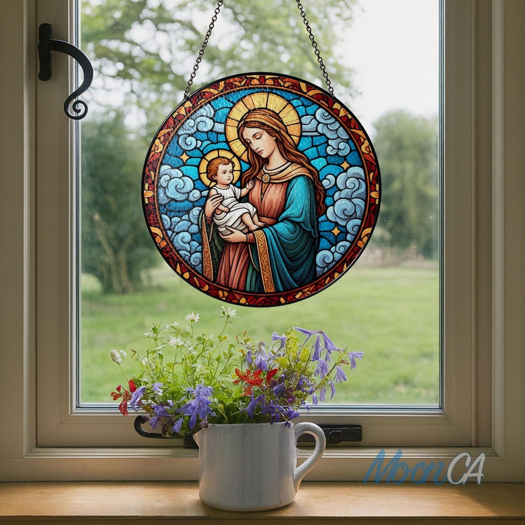 Virgin Mary and Baby Jesus Stained Glass Suncatcher, Religious Glass ...