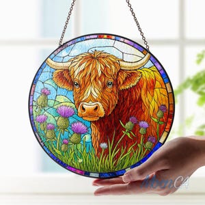 Highland Cow Stained Glass Suncatcher, Wild Cow Window Hanging, Thistle Flower Pasture Decor, Rustic Gift For Farmer, Farmhouse Ornament