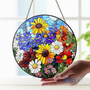 Wildflowers Glass Suncatcher, Florist Window Hanging Decor, Daisy Poppy Bluebonnet Sunflower Flower Lover, Sun Catcher Gift For Mom Grandma