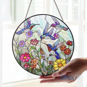 Hummingbirds Stained Glass Suncatcher, Indoor Home Decor, Wildflowers Window Hanging, Gifts For Her, Hummingbird Sun Catcher, Home Décor