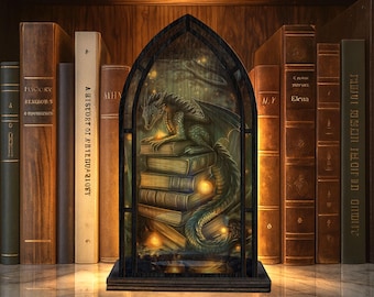 Dragon Fantasy Book Nook, Gothic Dragon Library Sign, Cozy Glow Book nook For Readers & Book Lovers, Dragon Bookshelf Decor, Dragon Lovers