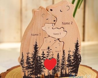 Personalized Name Wooden Bear Family Puzzle, Hugging Bear Family Puzzle, Mother's Day Gift, Father's Day Gift, Animal Family Puzzle Décor