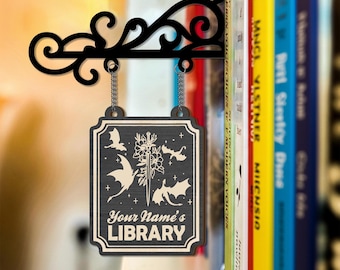 Personalized Dragon & Sword Book Sign, Fantasy Tavern Sign, Book Shelf Divider, Book Nook Organizer, Book Genre Divider, Dragon Themed Decor