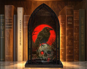 Halloween Raven Library Book Nook, Gothic Fantasy Bookshelf Insert, Illuminated Book End, Gift For Book Readers, Halloween Book Nook