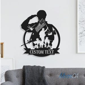Gepersonaliseerde legersoldaten silhouet naam metalen bord, cadeau Amerikaanse leger, aangepaste militaire metalen wanddecoratie, soldaat militair metalen bord kunst aan de muur