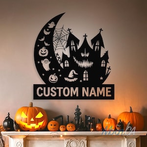 Custom Metal Sign Halloween Falling Castle Boo Name Sign, Personalized Split Letter Last Name Decorative Halloween Sign, Outdoor Décor