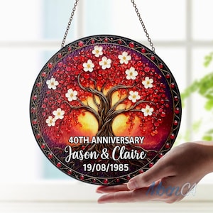 Personalized 40th Ruby Wedding Anniversary Suncatcher Glass,  40th Anniversary Stained Glass Window Hangings, Custom Gift For Parents