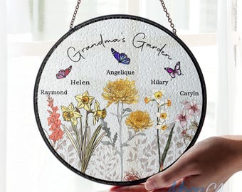 Personalized Grandma's Garden Gift For Grandma, Mother's Day Gift For Grandma, Nana Birth Month Flower Stain Glass Suncatcher, Grandma Gift