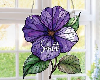 Acchiappasole con fiore viola e nome, fiore del mese di nascita in acrilico da appendere alla finestra, regalo per la festa della mamma, acchiappasole con fiore di febbraio, regalo di inaugurazione della casa