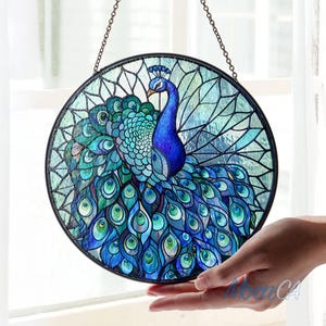 Peacock Flower gebrandschilderd glas Suncatcher, Peacock Window hangende kunst aan de muur, Peacock Lover Home Decor, Bird Light Catcher Decor, Wildlife Decor