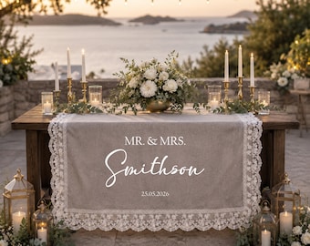 Camino de mesa de boda personalizado, camino de mesa de cabecera de encaje personalizado, decoración de boda para el Sr. y la Sra., letrero romántico para la recepción, mantel de encaje transparente