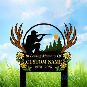 Personalized Deer Hunter Memorial Sign With Stake, Father&#39;s Day Memorial Gift, Cemetery Stake, Loss Of Dad, In Loving Memory Garden Sign