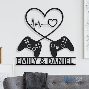 Personalized Gaming Couple Metal Sign, Heart Game Controller, Gifts For Couple, Video Game Custom Name Metal Wall Art, Game Room Decor