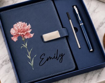 Personalized Birth Flower Notebook & Pen Set, Custom Leather Journal Gift for Women, Floral Notebook, Teacher Gift, Graduation Gift Birthday