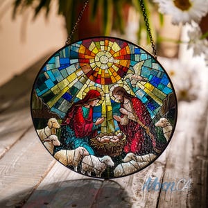 Krippe Suncatcher Ornament, Jesus Geburt Christlicher Fensterschmuck, Religiöses Weihnachtsdekor, Baby Jesus Geschenk, Christliches Geschenk