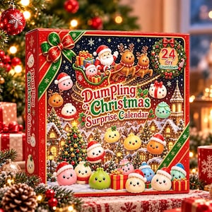 May include: A square Dumpling Christmas Surprise Calendar box featuring a festive illustration of Santa in a sleigh with reindeer, a snowy village, and various cartoon dumplings wearing Santa hats, with the text 24 day Countdown.