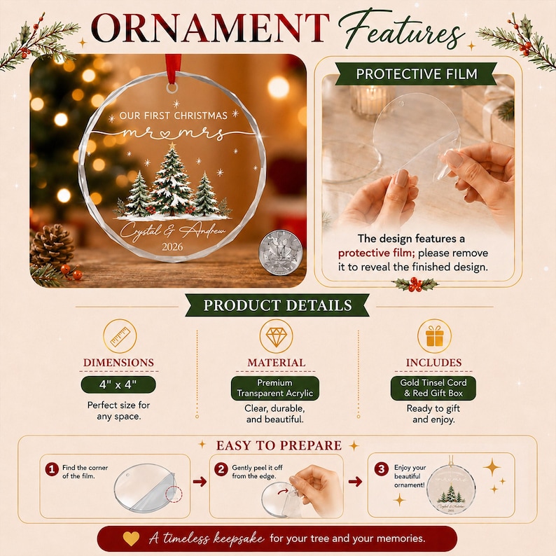 May include: A round transparent acrylic Christmas ornament measuring 4 inches by 4 inches. The design features the text Our First Christmas Mr & Mrs, a snowy pine tree graphic, and the names Crystal & Andrew with the year 2026 printed below.