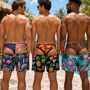 Può includere: Tre costumi da bagno con motivi distinti. Il paio a sinistra presenta uno sfondo blu con fenicotteri rosa, palme e un furgoncino. Il paio centrale ha uno sfondo nero con ananas e cocktail. Il paio a destra mostra uno sfondo azzurro con fenicotteri rosa e palme.