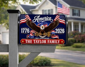 Personalized America 250th Anniversary Mailbox Cover, Patriotic Eagle Family Mailbox Wrap 1776-2026, Independence Day Decor