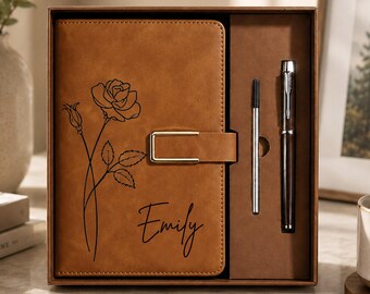 Cuaderno de cuero con la flor de nacimiento grabada, set de regalo de cuaderno con nombre personalizado, cuaderno floral personalizado, regalo de cumpleaños para ella, regalo para profesora