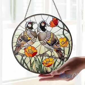 California Quail Couple And Poppies Glass Suncatcher Window Hanging, Bird Lover Decor, Home Decor, Bird Suncatcher Decor, Window Decor