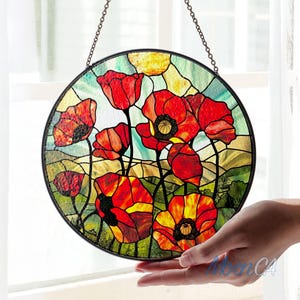 California Poppy Stained Glass Suncatcher, Poppy Flower Window Hanging, Flowers Suncatcher, Poppy Home Decor, Botanical Glass Ornament Décor