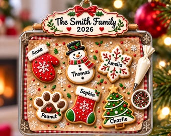 Personalized Family Gingerbread Cookie Tray Ornament, Custom Family Name Acrylic Ornament, Christmas Baking Holiday Keepsake Gift