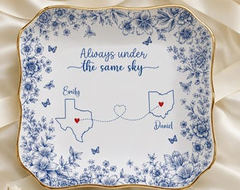 Bandeja para joyas con mapa personalizado, regalo para amistad a distancia, bandeja para baratijas con mapa estatal, siempre bajo el mismo cielo, bandeja para anillos personalizada para mejores amigas.