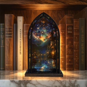 Op de afbeelding: Een decoratief glas-in-loodpaneel met een nachtlandschap met een kasteel, bergen en water. Het paneel staat op een houten voet en wordt tentoongesteld voor een plank met antieke boeken.