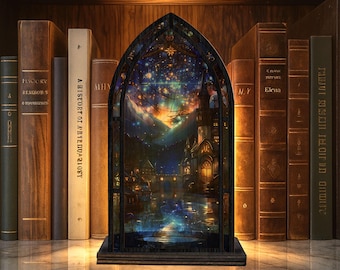 Fantasy Book Nook Suncatcher Kaarshouder, Nachtscène Windows Book Nook, Gotisch bibliotheekbord, Fantasy Book Lover & Reader, Night Booknook