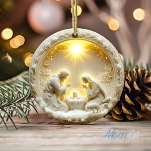 May include: A cream-colored Christmas ornament featuring a Nativity scene with Joseph, Mary, and baby Jesus. The ornament has a circular shape with a decorative border and a gold string for hanging. A pine cone and evergreen branch are in the background.