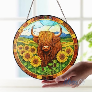 Highland Cow Stained Glass Suncatcher, Sunflower Suncatcher For Farmer, Country Life Window Hanging, Scottish Ornament Glass, Farmer Gifts
