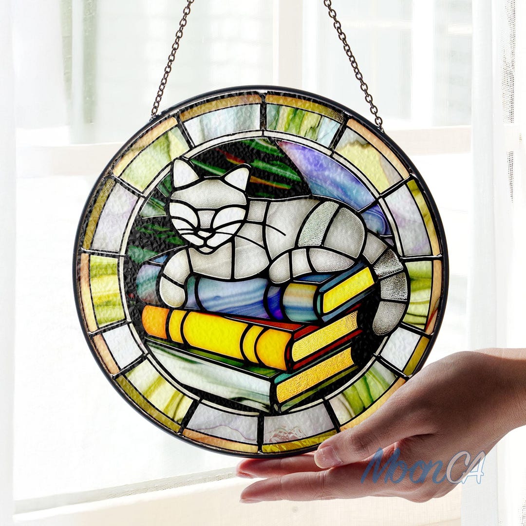 Stained Glass Black Cat and Book Suncatcher, Book Lover, Gift for ...