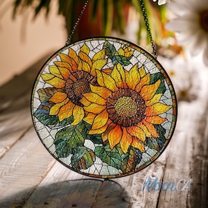Sunflower Stained Glass Suncatcher Ornament, Panel Pendant Garden Window Wall Hanging. Mother’s Day Gift, Birthday Gift for Grandma Mom Wife