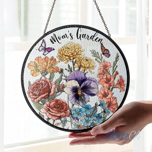 Gepersonaliseerde oma&#39;s tuincadeau voor oma, Moederdagcadeau voor moeder, oma geboortemaand bloem Stain Glass Suncatcher, naam Suncatcher