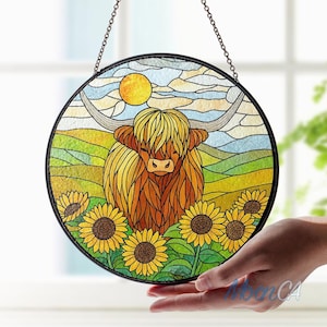 Highland Cow Stained Glass Suncatcher, Sunflower Window Hanging, Farmhouse Rustic Style, Country Home Lovers, Housewarming Gift Idea