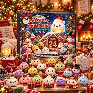 May include: A rectangular advent calendar box titled Countdown to Christmas with Dumpling featuring 24 days of dumpling joy. The box displays various cartoon dumplings in winter attire. Numerous small, colorful dumpling figurines are arranged in front.
